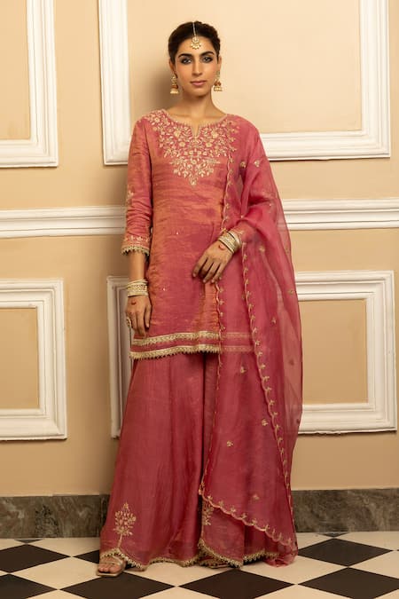 Dohr India_Pink Tissue, Chanderi, Organza Gota Noor Floral Embroidered Kurta Sharara Set _Online_at_Aza_Fashions