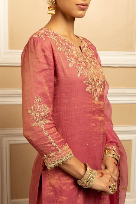 Buy_Dohr India_Pink Tissue, Chanderi, Organza Gota Noor Floral Embroidered Kurta Sharara Set _Online_at_Aza_Fashions