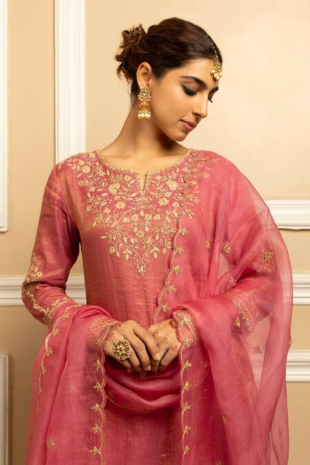 Shop_Dohr India_Pink Tissue, Chanderi, Organza Gota Noor Floral Embroidered Kurta Sharara Set _Online_at_Aza_Fashions