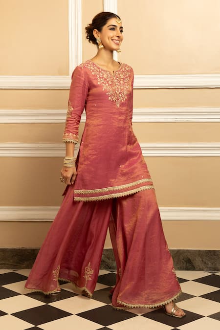 Dohr India_Pink Tissue, Chanderi, Organza Gota Noor Floral Embroidered Kurta Sharara Set _at_Aza_Fashions