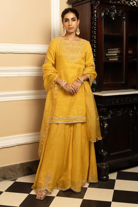 Dohr India Yellow Tissue Chanderi 48% Cotton 44% Metallised Noor Flower Kurta Sharara Set 