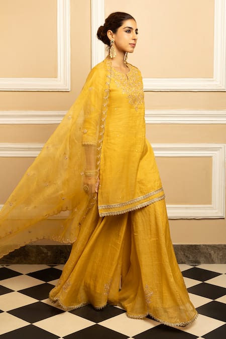 Shop Dohr India Yellow Tissue, Chanderi, Organza Noor Flower Embroidered Kurta Sharara Set at Aza Fashions Shop_Dohr India_Yellow Tissue, Chanderi, Organza Noor Flower Embroidered Kurta Sharara Set _at_Aza_Fashions