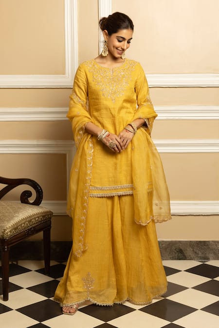 Dohr India Yellow Tissue, Chanderi, Organza Noor Flower Embroidered Kurta Sharara Set Online at Aza Fashions Dohr India_Yellow Tissue, Chanderi, Organza Noor Flower Embroidered Kurta Sharara Set _Online_at_Aza_Fashions