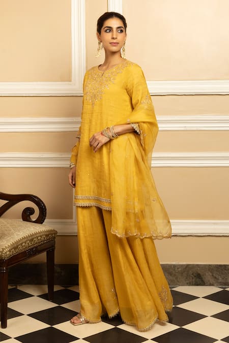 Buy Dohr India Yellow Tissue, Chanderi, Organza Noor Flower Embroidered Kurta Sharara Set Online at Aza Fashions Buy_Dohr India_Yellow Tissue, Chanderi, Organza Noor Flower Embroidered Kurta Sharara Set _Online_at_Aza_Fashions