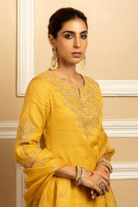Shop Dohr India Yellow Tissue, Chanderi, Organza Noor Flower Embroidered Kurta Sharara Set Online at Aza Fashions Shop_Dohr India_Yellow Tissue, Chanderi, Organza Noor Flower Embroidered Kurta Sharara Set _Online_at_Aza_Fashions