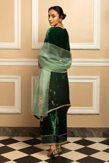 Shop_Dohr India_Green Silk, Velvet, Organza Sequins, Zari, Embroidery Mehfil Kurta Palazzo Set _at_Aza_Fashions