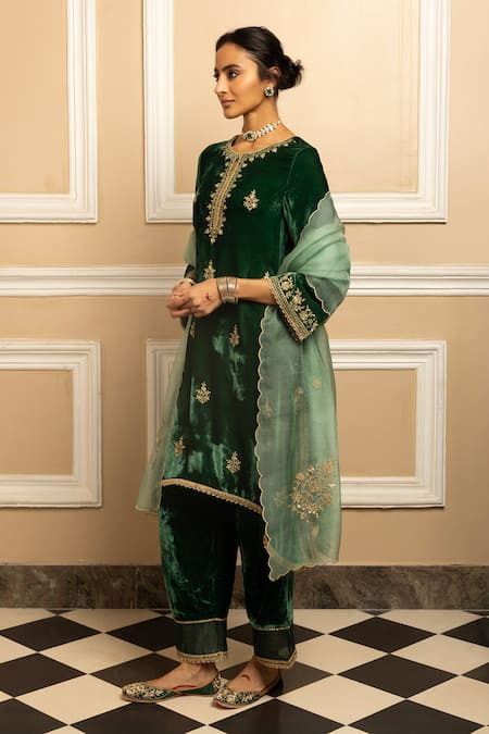 Dohr India_Green Silk, Velvet, Organza Sequins, Zari, Embroidery Mehfil Kurta Palazzo Set _Online_at_Aza_Fashions