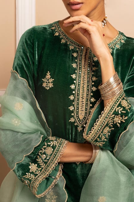 Shop_Dohr India_Green Silk, Velvet, Organza Sequins, Zari, Embroidery Mehfil Kurta Palazzo Set _Online_at_Aza_Fashions