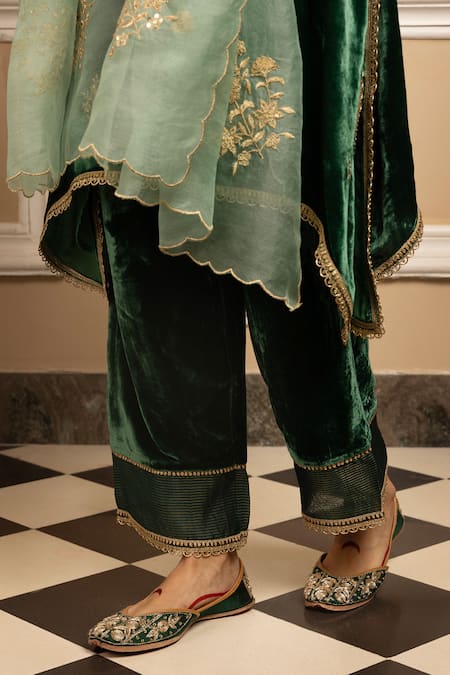 Dohr India_Green Silk, Velvet, Organza Sequins, Zari, Embroidery Mehfil Kurta Palazzo Set _at_Aza_Fashions
