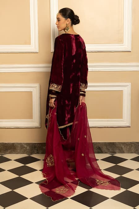 Shop Dohr India Wine Silk, Organza, Velvet Sequins, Zari, Mehfil Floral Kurta Palazzo Set at Aza Fashions Shop_Dohr India_Wine Silk, Organza, Velvet Sequins, Zari, Mehfil Floral Kurta Palazzo Set _at_Aza_Fashions