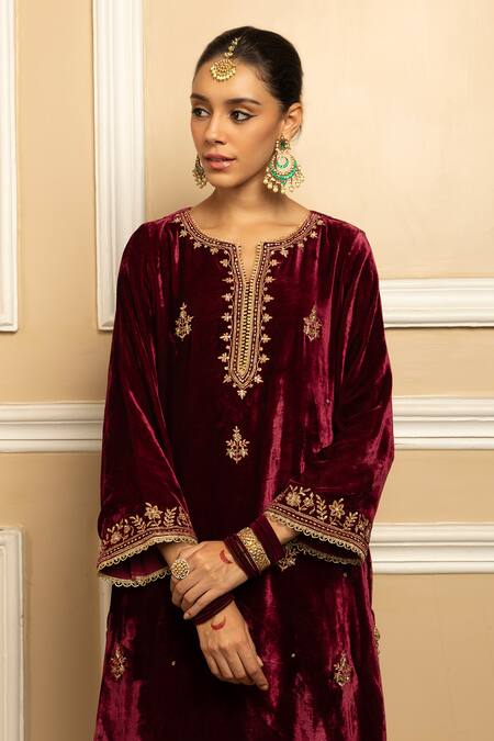 Buy Dohr India Wine Silk, Organza, Velvet Sequins, Zari, Mehfil Floral Kurta Palazzo Set Online at Aza Fashions Buy_Dohr India_Wine Silk, Organza, Velvet Sequins, Zari, Mehfil Floral Kurta Palazzo Set _Online_at_Aza_Fashions
