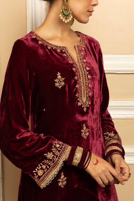 Shop Dohr India Wine Silk, Organza, Velvet Sequins, Zari, Mehfil Floral Kurta Palazzo Set Online at Aza Fashions Shop_Dohr India_Wine Silk, Organza, Velvet Sequins, Zari, Mehfil Floral Kurta Palazzo Set _Online_at_Aza_Fashions