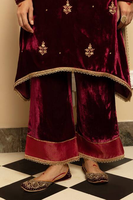 Dohr India Wine Silk, Organza, Velvet Sequins, Zari, Mehfil Floral Kurta Palazzo Set at Aza Fashions Dohr India_Wine Silk, Organza, Velvet Sequins, Zari, Mehfil Floral Kurta Palazzo Set _at_Aza_Fashions