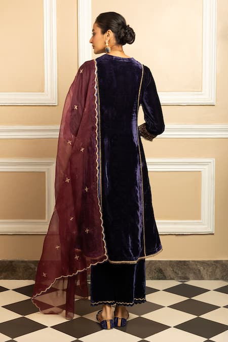 Shop Dohr India Blue Silk, Velvet, Organza Embroidery, Zari, Anokhi Floral Yoke Kurta Pant Set at Aza Fashions Shop_Dohr India_Blue Silk, Velvet, Organza Embroidery, Zari, Anokhi Floral Yoke Kurta Pant Set _at_Aza_Fashions