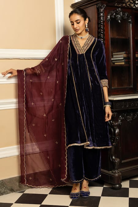Dohr India Blue Silk, Velvet, Organza Embroidery, Zari, Anokhi Floral Yoke Kurta Pant Set Online at Aza Fashions Dohr India_Blue Silk, Velvet, Organza Embroidery, Zari, Anokhi Floral Yoke Kurta Pant Set _Online_at_Aza_Fashions