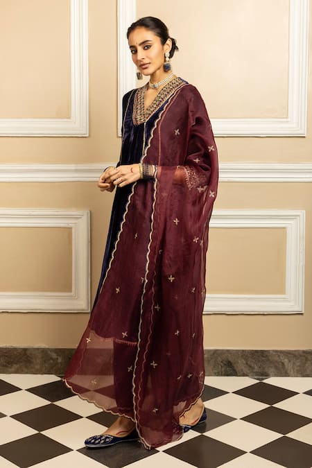 Buy Dohr India Blue Silk, Velvet, Organza Embroidery, Zari, Anokhi Floral Yoke Kurta Pant Set Online at Aza Fashions Buy_Dohr India_Blue Silk, Velvet, Organza Embroidery, Zari, Anokhi Floral Yoke Kurta Pant Set _Online_at_Aza_Fashions