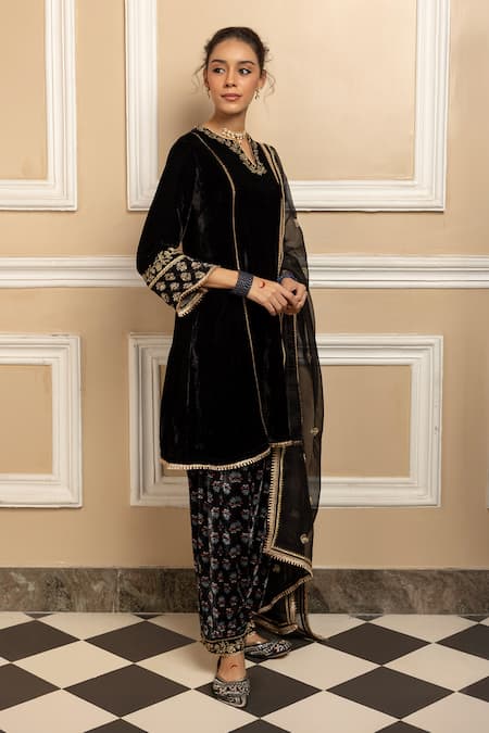 Shop Dohr India Black Silk, Velvet, Organza Sequins, Zari Ziya Embroidered Yoke Kurta Salwar Set at Aza Fashions Shop_Dohr India_Black Silk, Velvet, Organza Sequins, Zari Ziya Embroidered Yoke Kurta Salwar Set _at_Aza_Fashions
