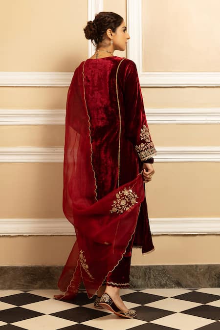 Shop Dohr India Red Silk, Velvet, Organza Embroidery, Sequins, Noorani Floral Kurta Pant Set at Aza Fashions Shop_Dohr India_Red Silk, Velvet, Organza Embroidery, Sequins, Noorani Floral Kurta Pant Set _at_Aza_Fashions