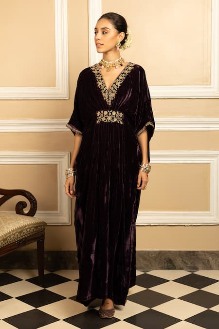 Dohr India_Purple Silk, Velvet Cut Work, Zari V-neck Gulzar Floral Embroidered Kaftan _Online_at_Aza_Fashions