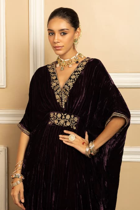 Buy_Dohr India_Purple Silk, Velvet Cut Work, Zari V-neck Gulzar Floral Embroidered Kaftan _Online_at_Aza_Fashions