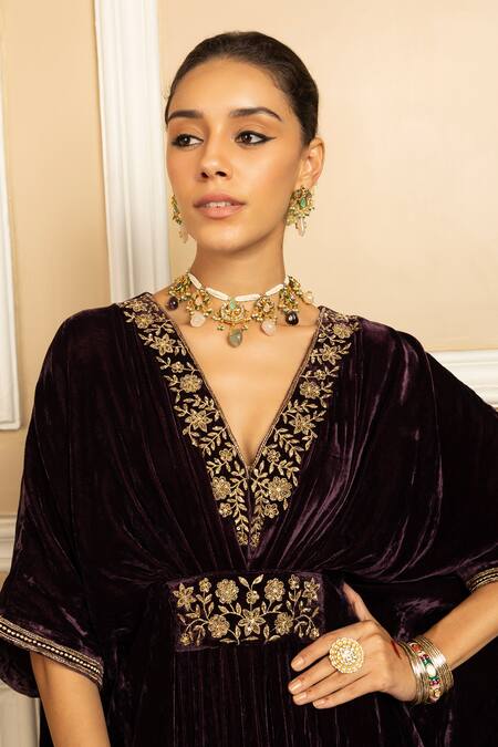 Shop_Dohr India_Purple Silk, Velvet Cut Work, Zari V-neck Gulzar Floral Embroidered Kaftan _Online_at_Aza_Fashions