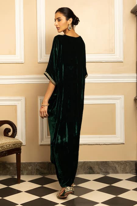 Dohr India Gulzar Silk Velvet Floral Embroidered Kaftan 