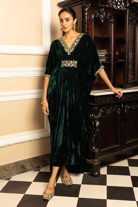 Dohr India_Green Silk, Velvet Embroidery, Zari V-neck Gulzar Floral Kaftan _Online_at_Aza_Fashions
