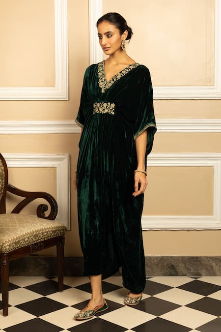 Buy_Dohr India_Green Silk, Velvet Embroidery, Zari V-neck Gulzar Floral Kaftan _Online_at_Aza_Fashions