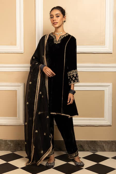 Buy Dohr India Black Silk, Velvet, Organza Embroidery, Sequins, Gota Tara Kurta Salwar Set Online at Aza Fashions Buy_Dohr India_Black Silk, Velvet, Organza Embroidery, Sequins, Gota Tara Kurta Salwar Set _Online_at_Aza_Fashions