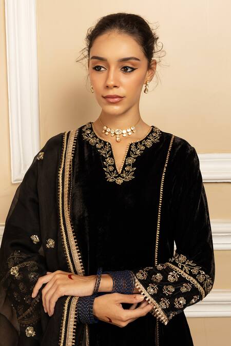 Dohr India Black Silk, Velvet, Organza Embroidery, Sequins, Gota Tara Kurta Salwar Set at Aza Fashions Dohr India_Black Silk, Velvet, Organza Embroidery, Sequins, Gota Tara Kurta Salwar Set _at_Aza_Fashions