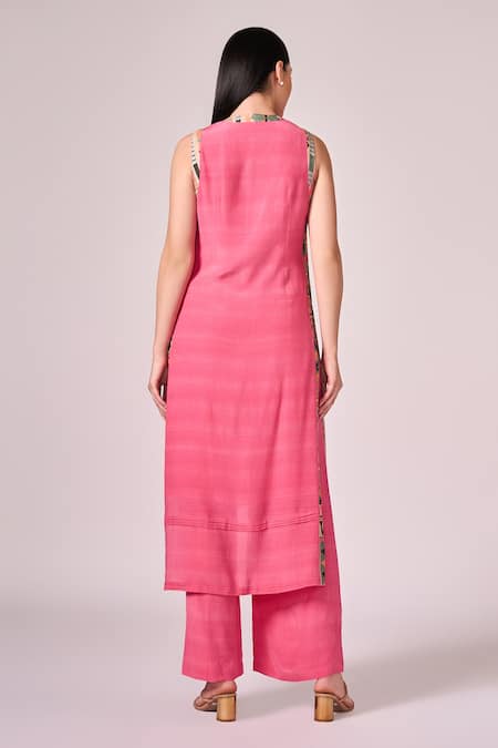 Shop_Koswi_Fuchsia Viscose V-neck Printed Border Slit Kurta With Palazzo _at_Aza_Fashions