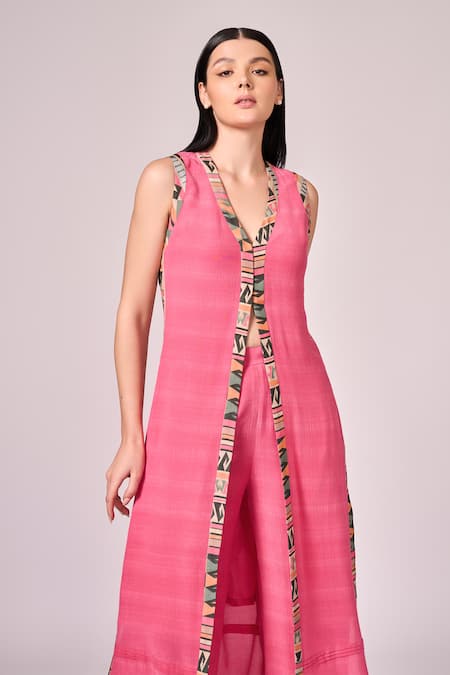 Shop_Koswi_Fuchsia Viscose V-neck Printed Border Slit Kurta With Palazzo _Online_at_Aza_Fashions