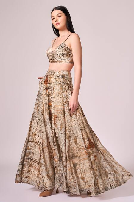Buy Koswi Brown Viscose Ruffles Sweetheart Neck Vine Print Slit Lehenga Set Online at Aza Fashions Buy_Koswi_Brown Viscose Ruffles Sweetheart Neck Vine Print Slit Lehenga Set _Online_at_Aza_Fashions