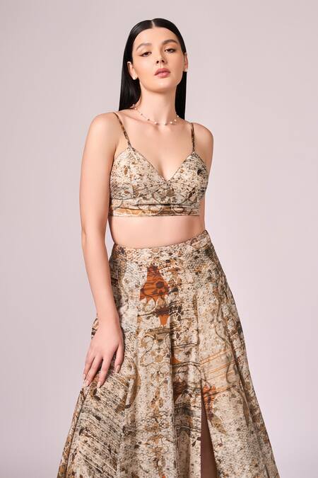 Shop Koswi Brown Viscose Ruffles Sweetheart Neck Vine Print Slit Lehenga Set Online at Aza Fashions Shop_Koswi_Brown Viscose Ruffles Sweetheart Neck Vine Print Slit Lehenga Set _Online_at_Aza_Fashions