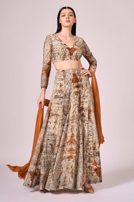 Koswi Vine Abstract Print Slit Lehenga Set 