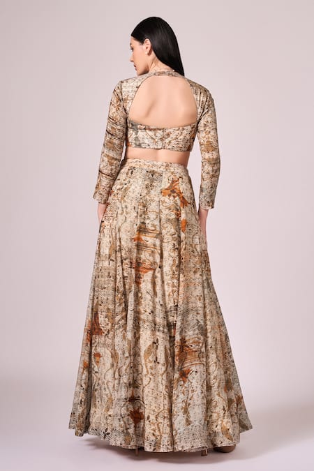 Shop Koswi Brown Viscose Embroidery V-neck Vine Abstract Print Slit Lehenga Set at Aza Fashions Shop_Koswi_Brown Viscose Embroidery V-neck Vine Abstract Print Slit Lehenga Set _at_Aza_Fashions