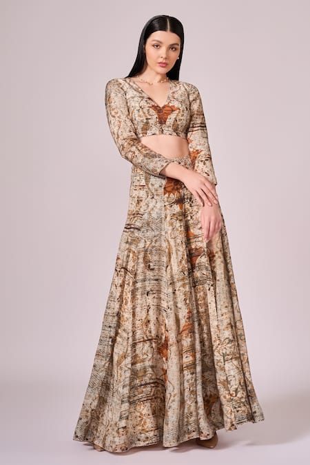 Koswi Brown Viscose Embroidery V-neck Vine Abstract Print Slit Lehenga Set Online at Aza Fashions Koswi_Brown Viscose Embroidery V-neck Vine Abstract Print Slit Lehenga Set _Online_at_Aza_Fashions