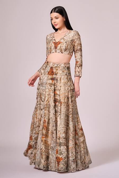 Buy Koswi Brown Viscose Embroidery V-neck Vine Abstract Print Slit Lehenga Set Online at Aza Fashions Buy_Koswi_Brown Viscose Embroidery V-neck Vine Abstract Print Slit Lehenga Set _Online_at_Aza_Fashions