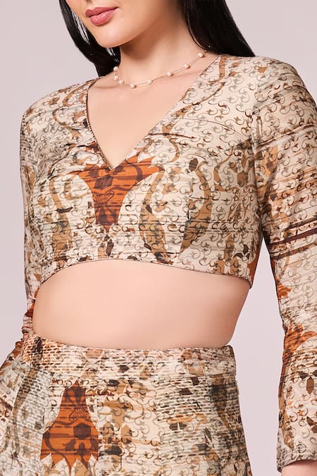 Shop Koswi Brown Viscose Embroidery V-neck Vine Abstract Print Slit Lehenga Set Online at Aza Fashions Shop_Koswi_Brown Viscose Embroidery V-neck Vine Abstract Print Slit Lehenga Set _Online_at_Aza_Fashions