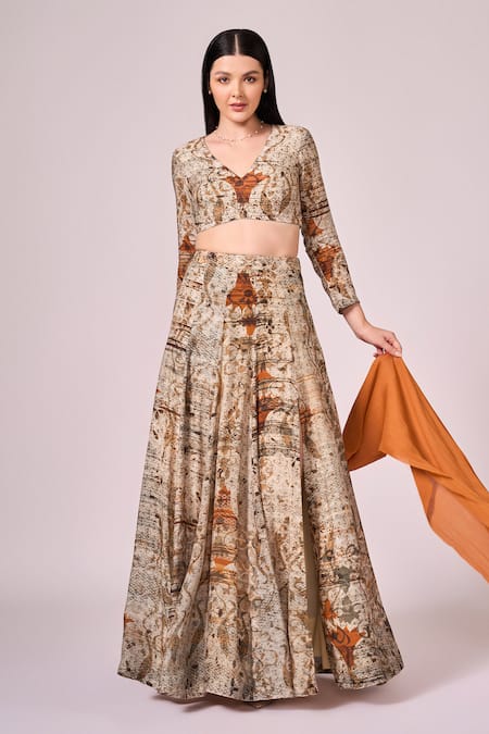Koswi Brown Viscose Embroidery V-neck Vine Abstract Print Slit Lehenga Set at Aza Fashions Koswi_Brown Viscose Embroidery V-neck Vine Abstract Print Slit Lehenga Set _at_Aza_Fashions