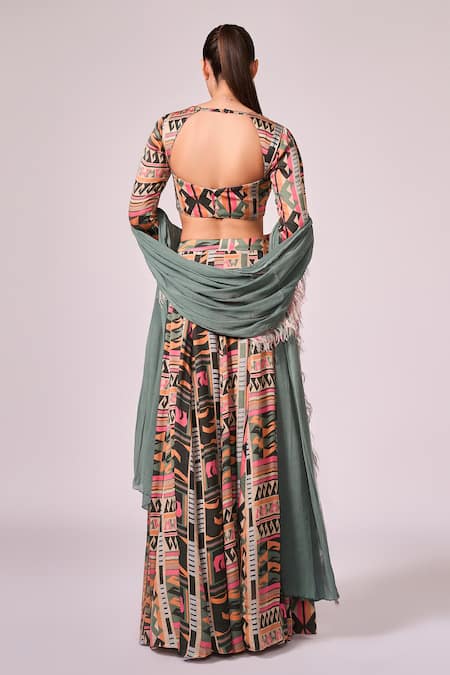 Shop Koswi Multi Color Viscose Fabric Flowers V-neck Geometric Print Slit Lehenga Set at Aza Fashions Shop_Koswi_Multi Color Viscose Fabric Flowers V-neck Geometric Print Slit Lehenga Set _at_Aza_Fashions