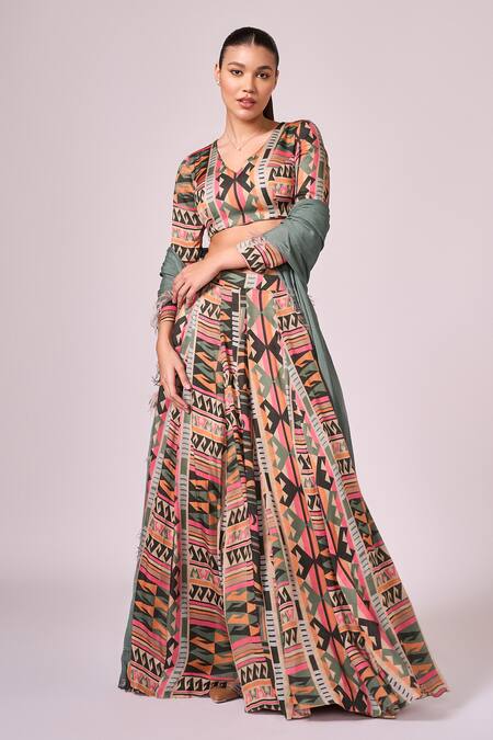Koswi Multi Color Viscose Fabric Flowers V-neck Geometric Print Slit Lehenga Set Online at Aza Fashions Koswi_Multi Color Viscose Fabric Flowers V-neck Geometric Print Slit Lehenga Set _Online_at_Aza_Fashions
