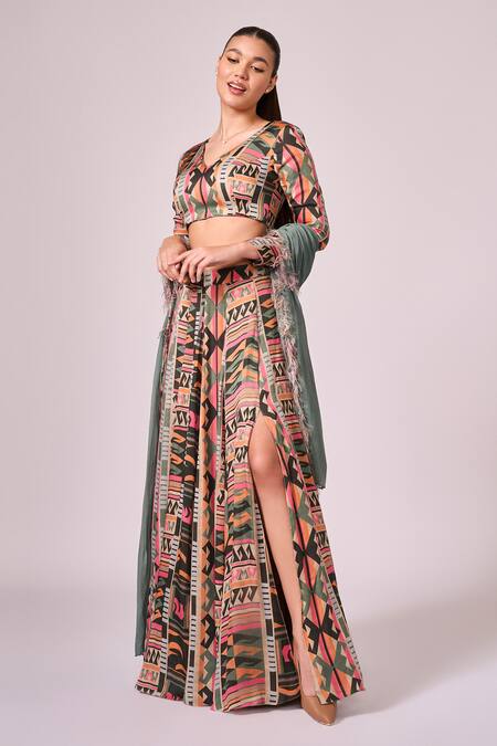 Buy Koswi Multi Color Viscose Fabric Flowers V-neck Geometric Print Slit Lehenga Set Online at Aza Fashions Buy_Koswi_Multi Color Viscose Fabric Flowers V-neck Geometric Print Slit Lehenga Set _Online_at_Aza_Fashions