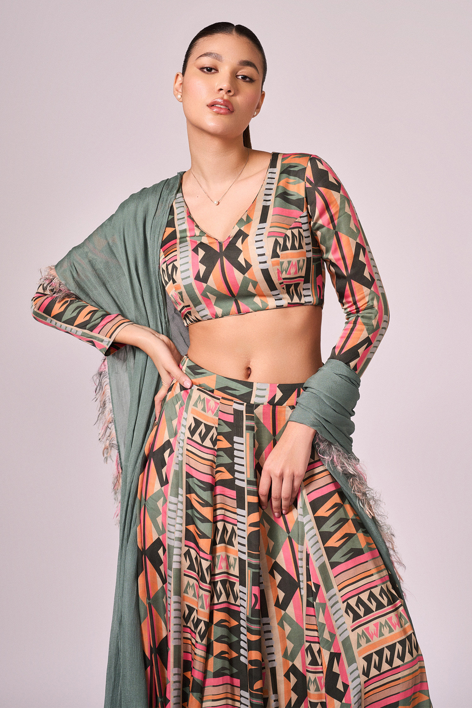 Shop Koswi Multi Color Viscose Fabric Flowers V-neck Geometric Print Slit Lehenga Set Online at Aza Fashions Shop_Koswi_Multi Color Viscose Fabric Flowers V-neck Geometric Print Slit Lehenga Set _Online_at_Aza_Fashions