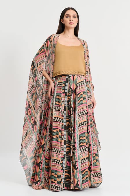 Koswi Geometric Print Slit Lehenga Cape Set 