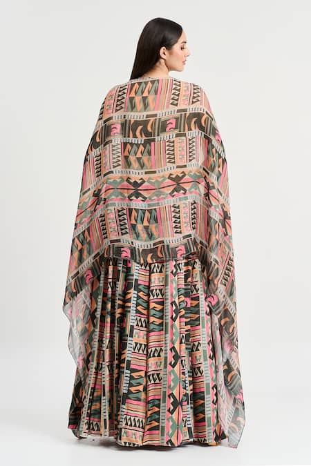 Shop Koswi Multi Color Viscose Embroidery Round Neck Geometric Print Slit Lehenga Cape Set at Aza Fashions Shop_Koswi_Multi Color Viscose Embroidery Round Neck Geometric Print Slit Lehenga Cape Set _at_Aza_Fashions