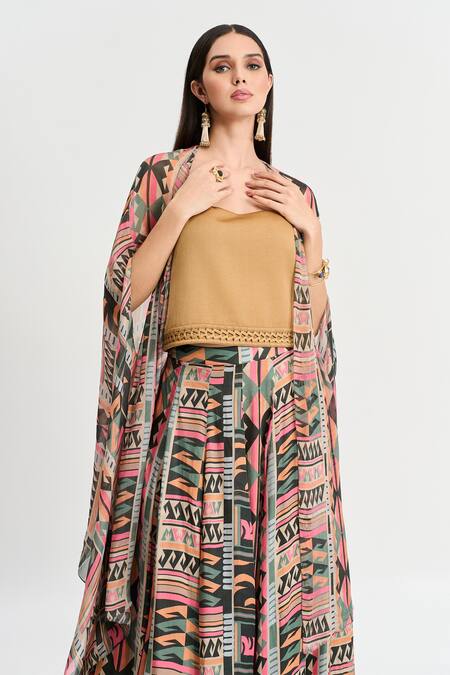 Koswi Multi Color Viscose Embroidery Round Neck Geometric Print Slit Lehenga Cape Set Online at Aza Fashions Koswi_Multi Color Viscose Embroidery Round Neck Geometric Print Slit Lehenga Cape Set _Online_at_Aza_Fashions