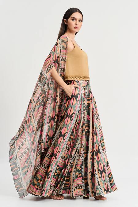 Buy Koswi Multi Color Viscose Embroidery Round Neck Geometric Print Slit Lehenga Cape Set Online at Aza Fashions Buy_Koswi_Multi Color Viscose Embroidery Round Neck Geometric Print Slit Lehenga Cape Set _Online_at_Aza_Fashions