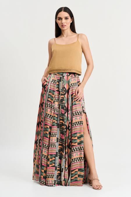 Shop Koswi Multi Color Viscose Embroidery Round Neck Geometric Print Slit Lehenga Cape Set Online at Aza Fashions Shop_Koswi_Multi Color Viscose Embroidery Round Neck Geometric Print Slit Lehenga Cape Set _Online_at_Aza_Fashions