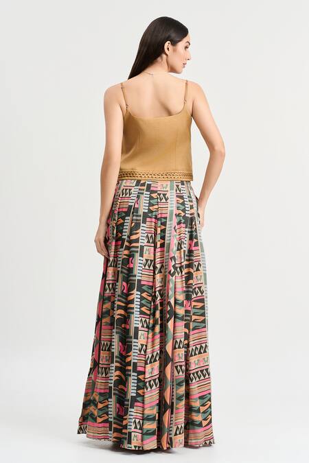 Koswi Multi Color Viscose Embroidery Round Neck Geometric Print Slit Lehenga Cape Set at Aza Fashions Koswi_Multi Color Viscose Embroidery Round Neck Geometric Print Slit Lehenga Cape Set _at_Aza_Fashions